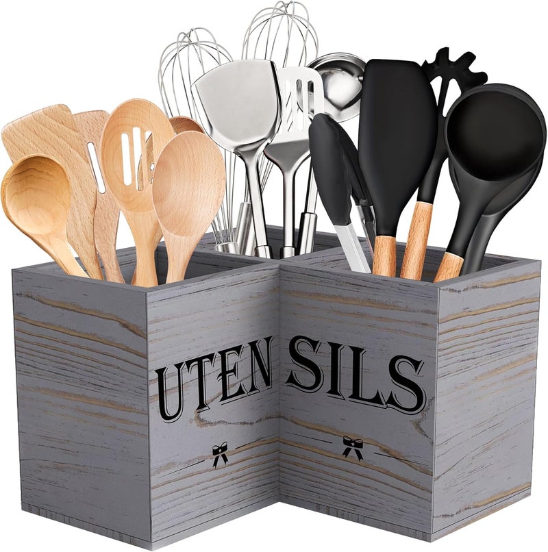 Suli Extra Large Kitchen Utensils Holder with 3 Compartments,Corner Shelf,Wooden Utensil Organizer for Kitchen Countertop, Farmhouse Decor, Rustic Cooking Utensil - Grey grain - Image 1